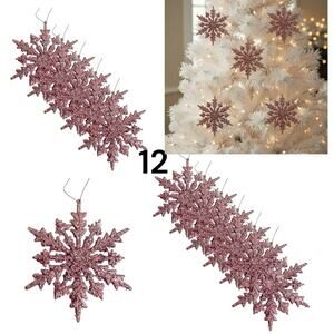Pink Glitter Snowflake Ornaments 12 (6.5 in) Hanging Decor Pink Christmas